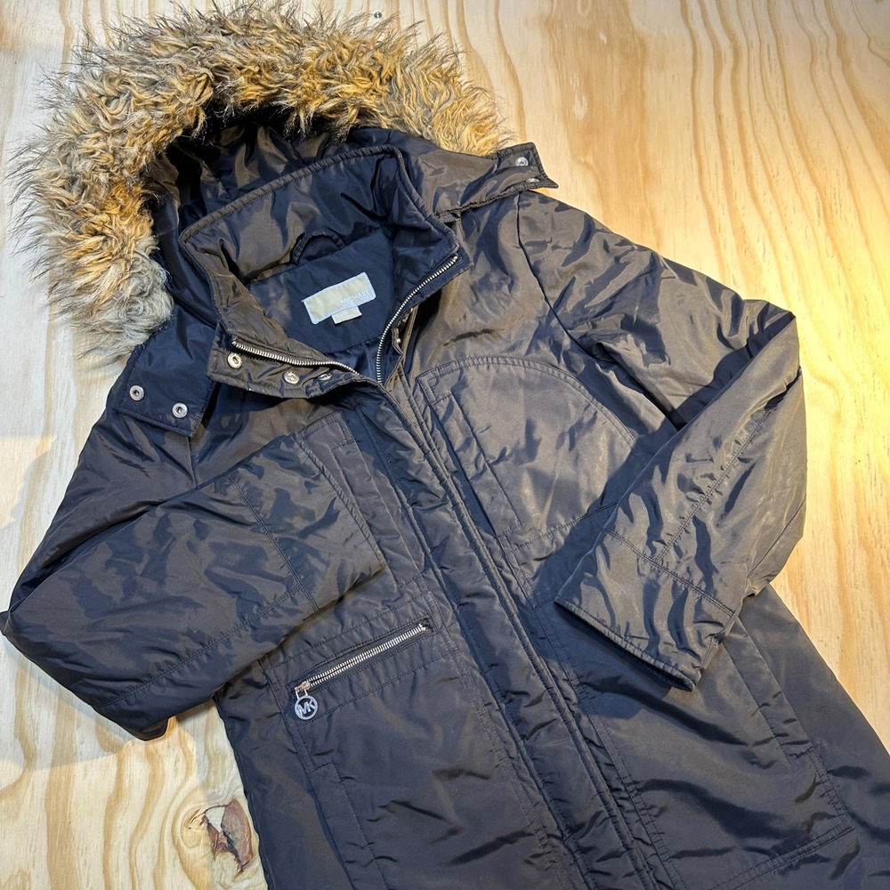 Michael Kors Womens Black Faux Fur Trim Hooded Puffer Parka Jacket Small